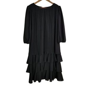 Good Times Vintage Black Pleated Tiered Ruffle Midi Dress 13/14 Made in USA